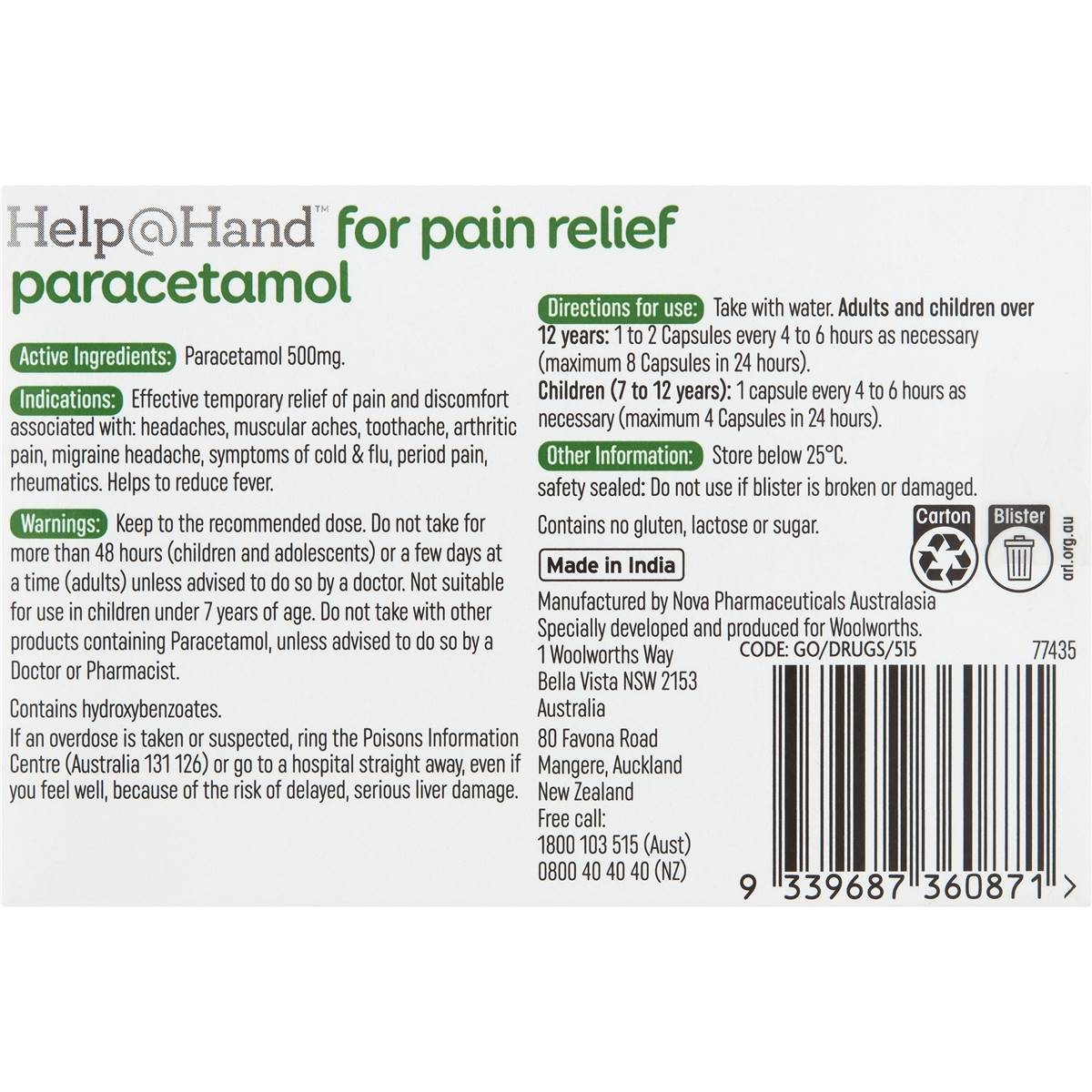 Help@Hand For Pain Relief Paracetamol 500mg Capsules 16 pack