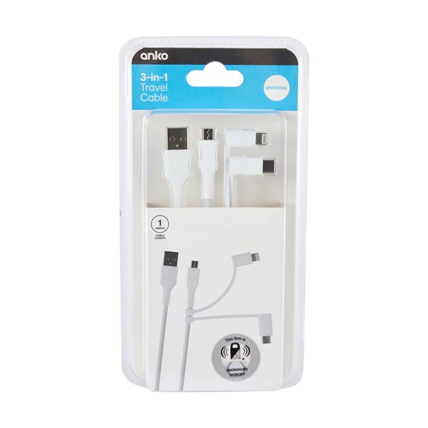 3-in-1 Travel Cable, White - Anko