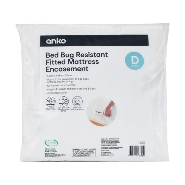 Bed Bug Resistant Fitted Mattress Encasement, Double Bed, White - Anko