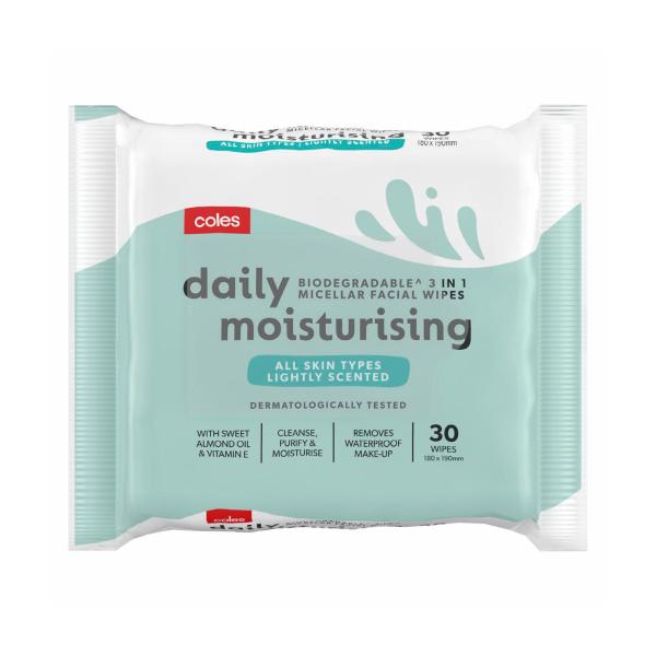 COLES DAILY MOISTURISING MICELLAR FACIAL WIPES 30PK
