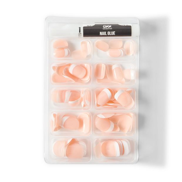 100 Pack Artificial Nails with Adhesive, Short Square Shape, French Tip - OXX Cosmetics