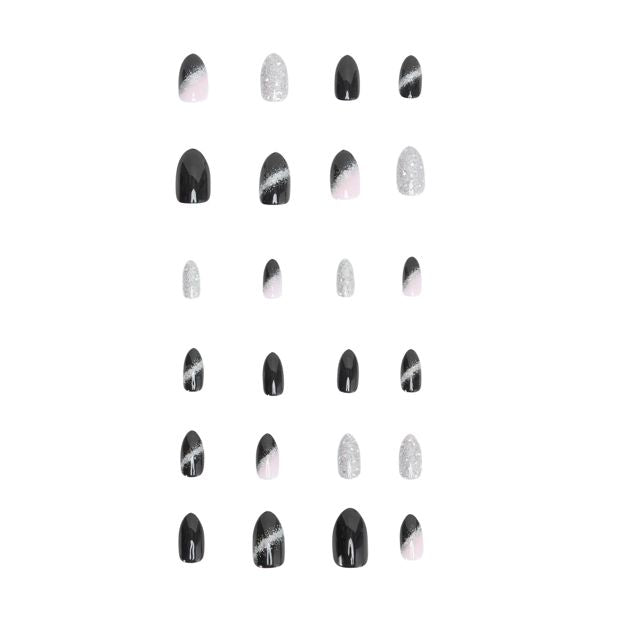 24 Pack Artificial Nails with Adhesive, Almond Shape, Black and Silver Glitter - OXX Cosmetics
