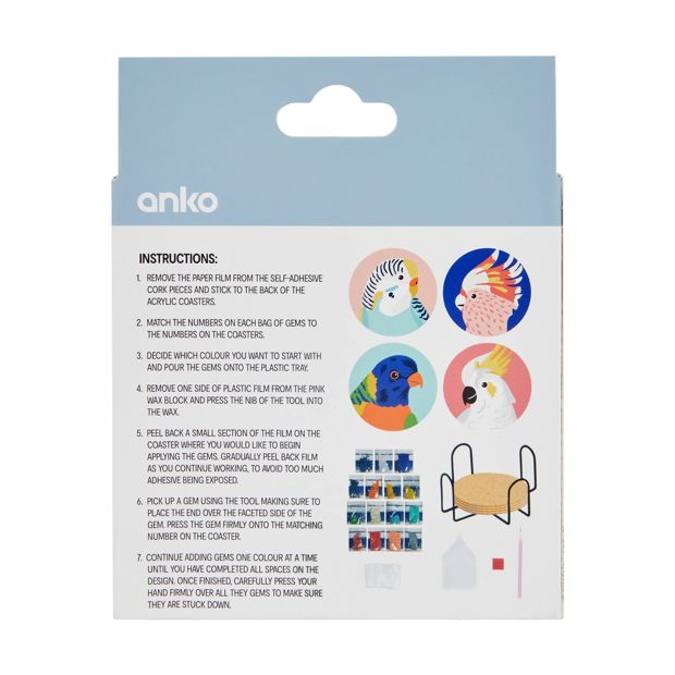 Sparkle Gem Art Coaster Set, Birds - Anko