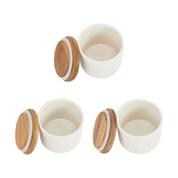 Set of 3 Off White Canisters with Acacia Lids - Anko