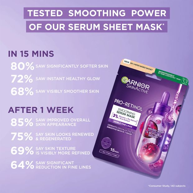 Garnier SkinActive Smoothing Serum Mask 28g - Glycerin, Pro-Retinol and Acai Extract