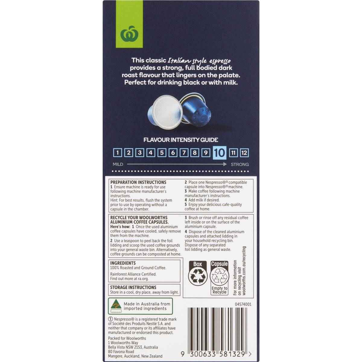 Woolworths Nespresso Compatible Coffee Capsules Strong 10 pack