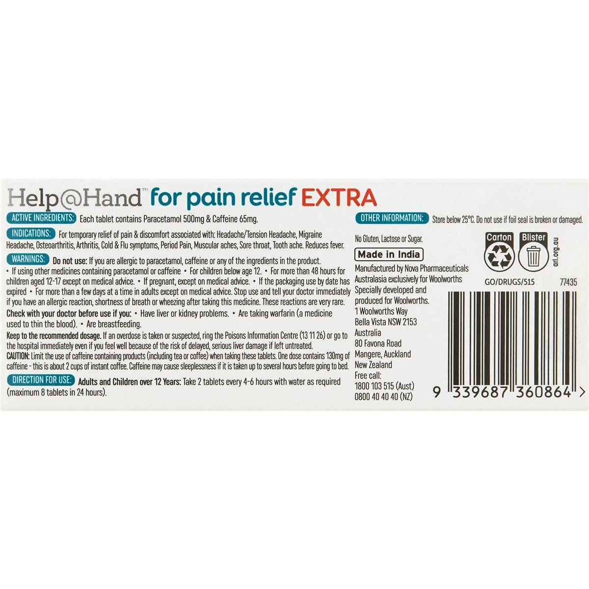 Help@Hand For Pain Relief EXTRA 500mg Tablets 16 pack