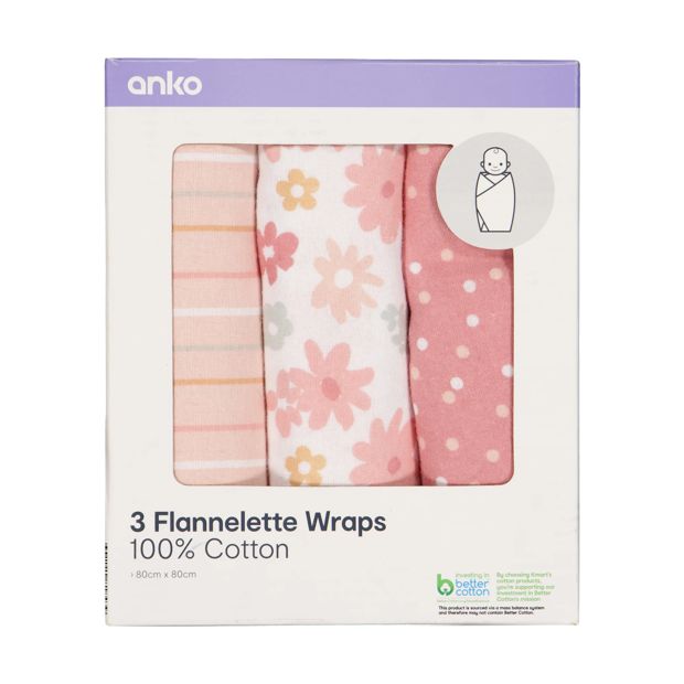 3 Pack Flannelette Wraps, Floral - Anko