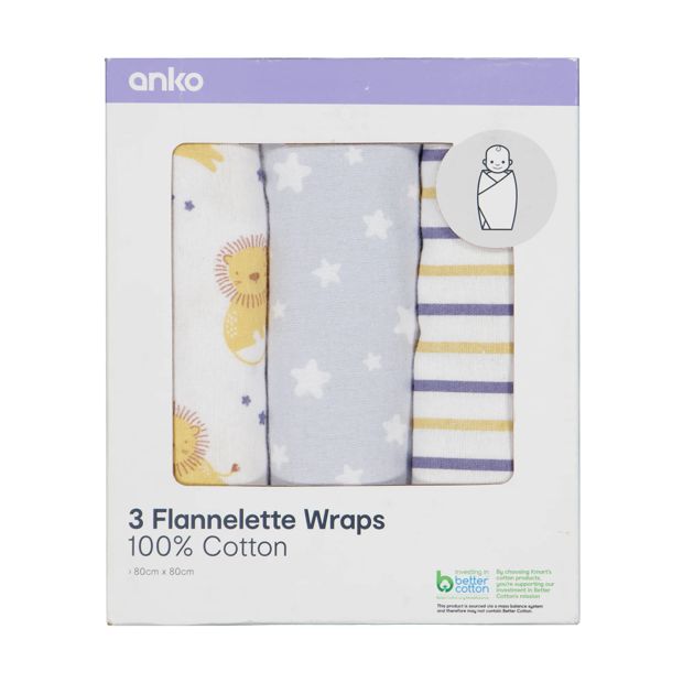 3 Pack Flannelette Wraps, Lion - Anko