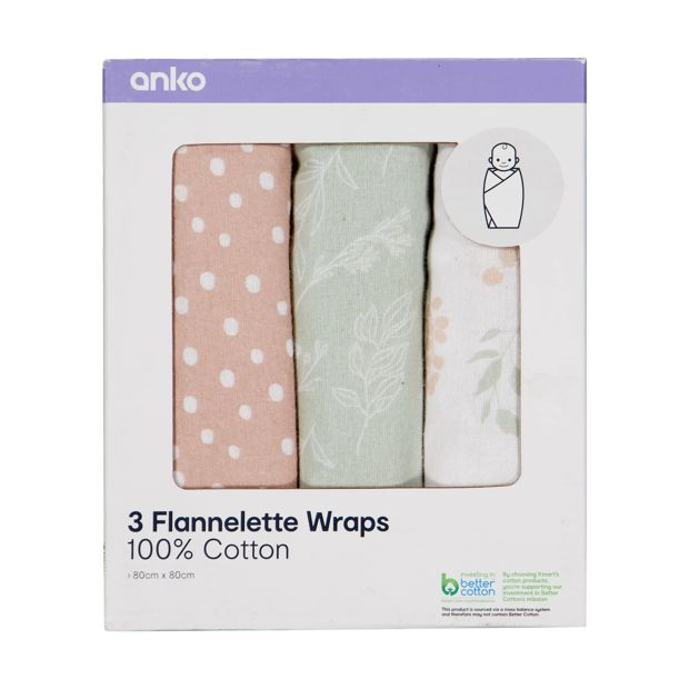 3 Pack Flannelette Wraps, Autumn - Anko