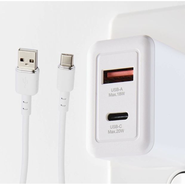Wall USB Charger with USB-A to USB-C, White - Anko