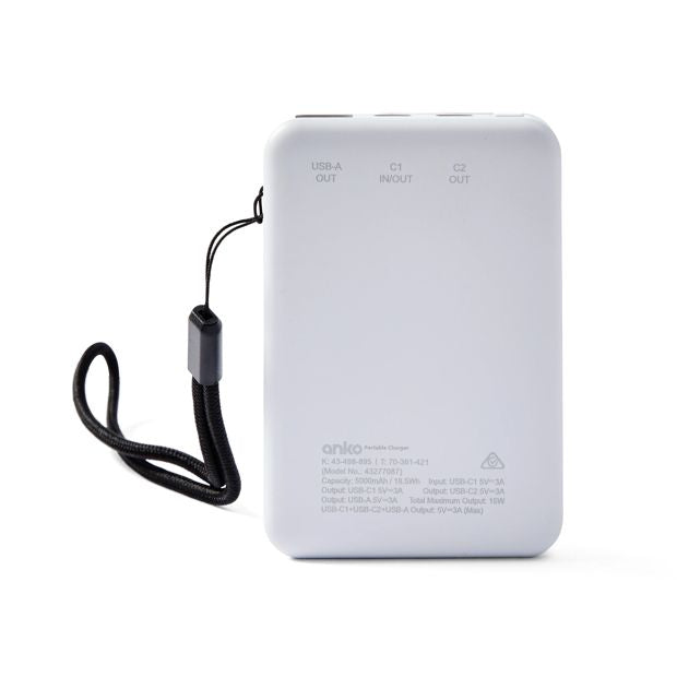 USB-A to USB-C 15W 5000mAh Portable Charger, White - Anko