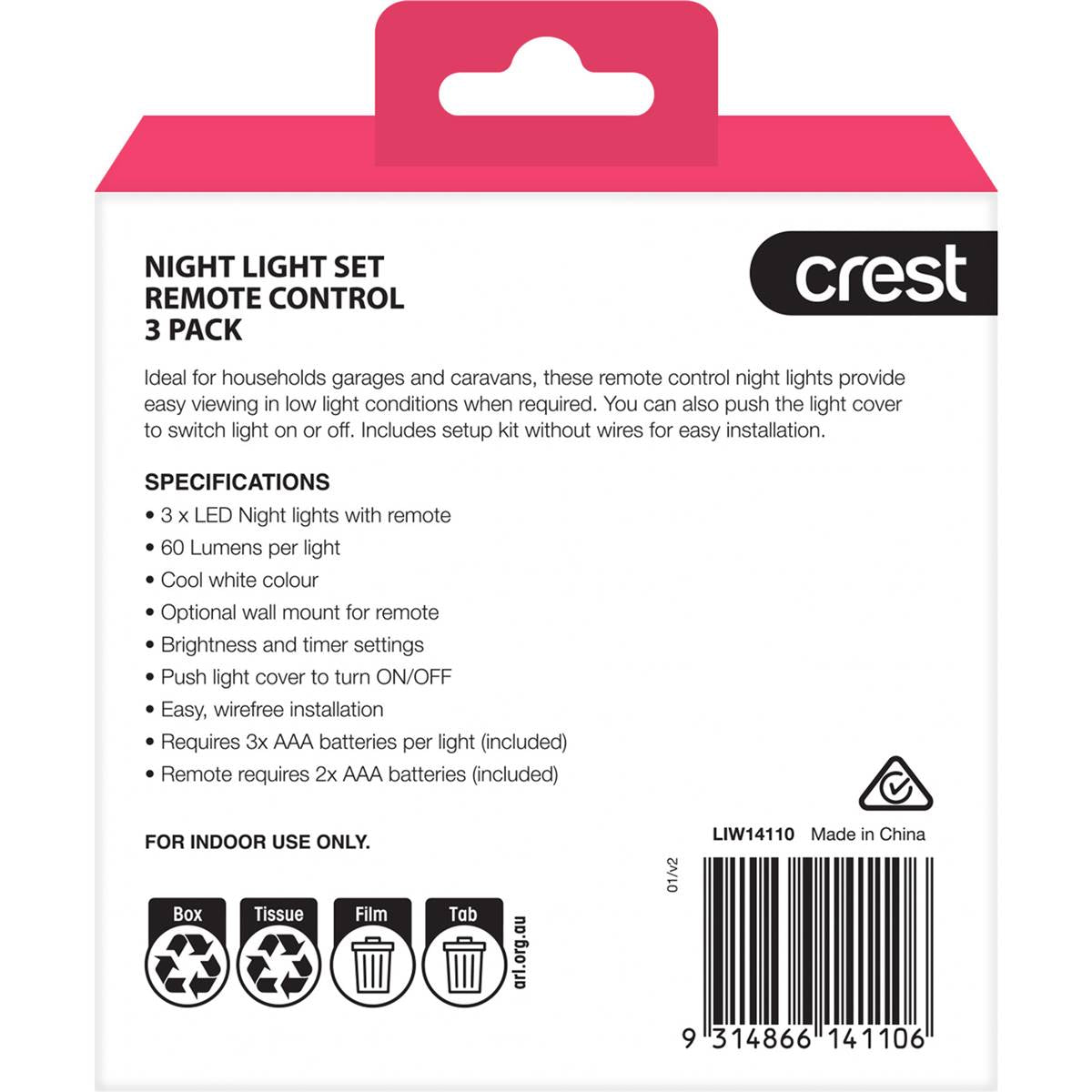 Crest Night Light Set Remote Control Cool White 3 Pack