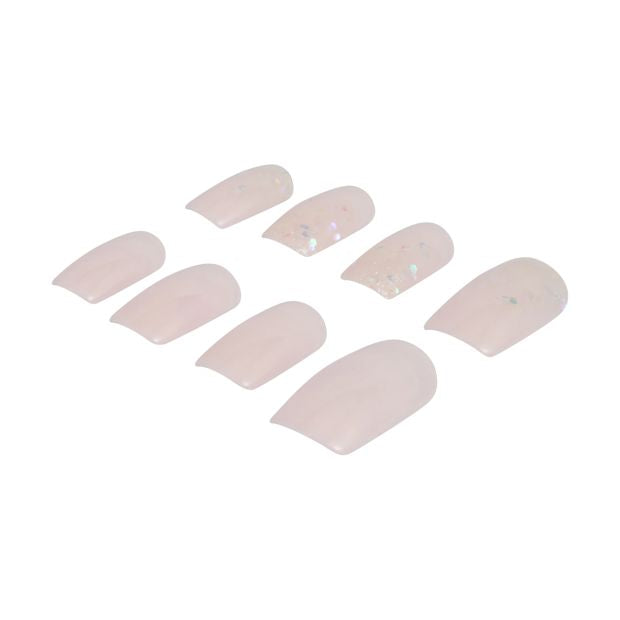 24 Pack Artificial Nails with Adhesive, Medium Square Shape, Soft Pink Glitter - OXX Cosmetics