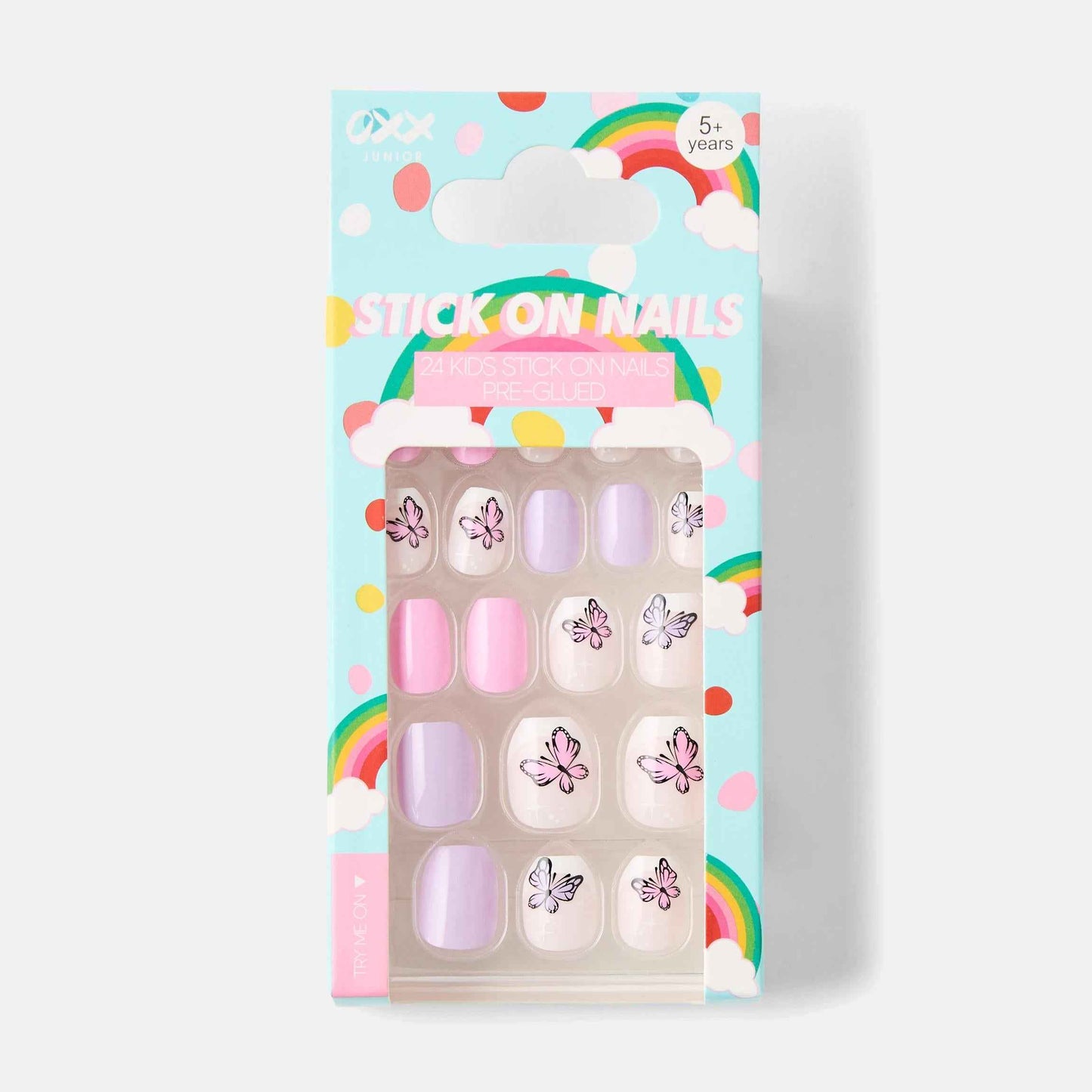 OXX Junior 24 Pack Kids Pre-Glued Stick-On Nails - Butterflies