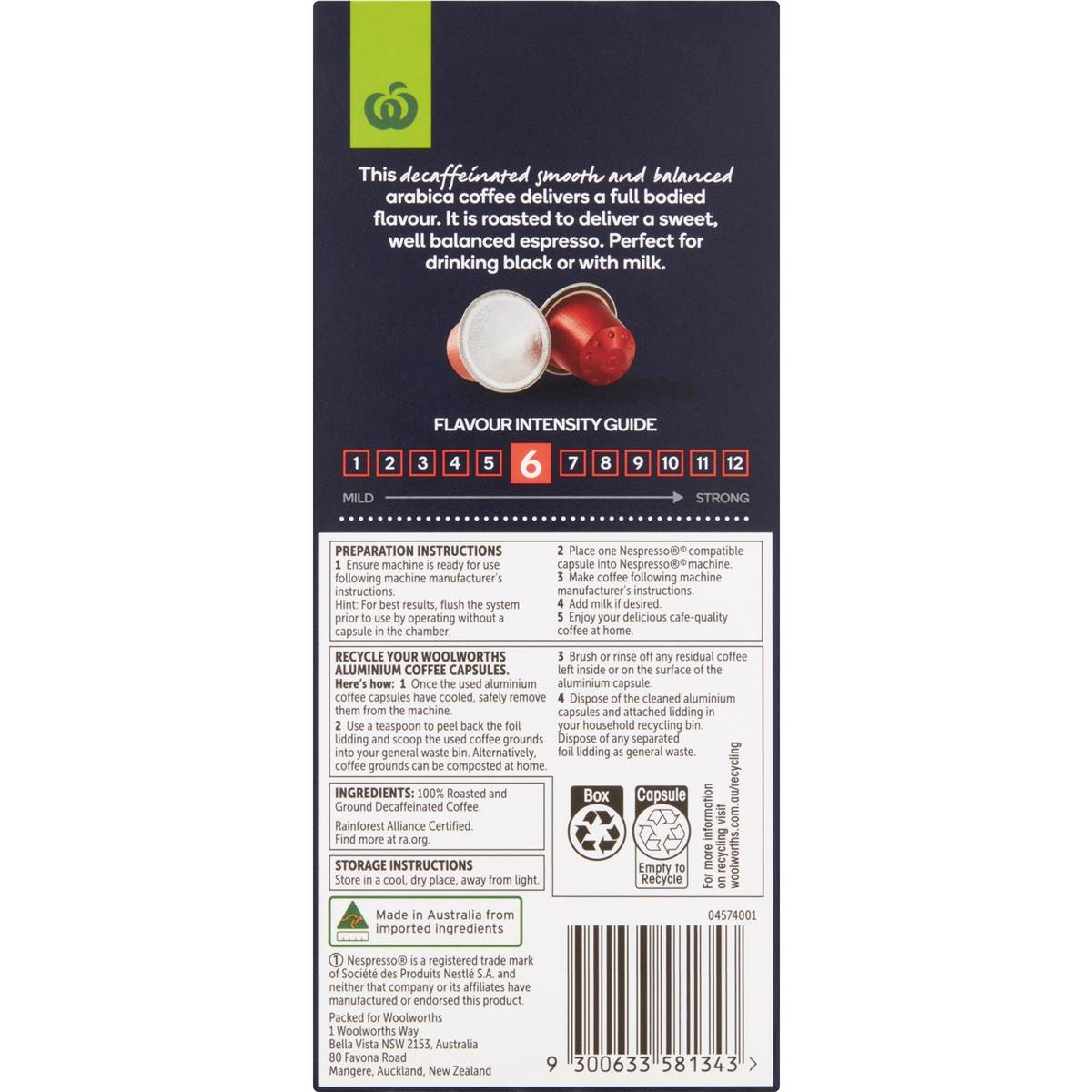 Woolworths Nespresso Compatible Coffee Capsules Decaffeinated 10 pack