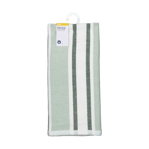 3 Pack Green Stripe Tea Towels - Anko