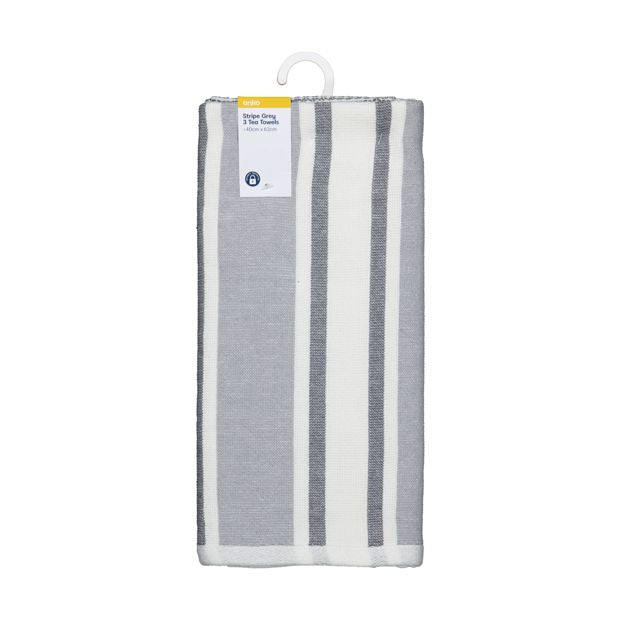 3 Pack Grey Stripe Tea Towels - Anko