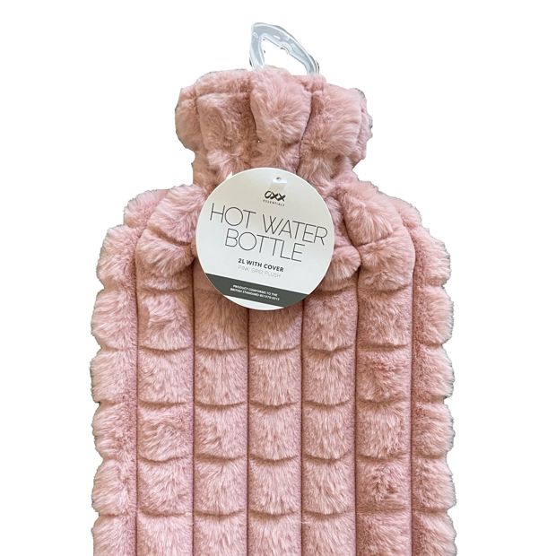 Hot Water Bottle with Pink Grid Plush Cover,- 2L - OXX Essentials