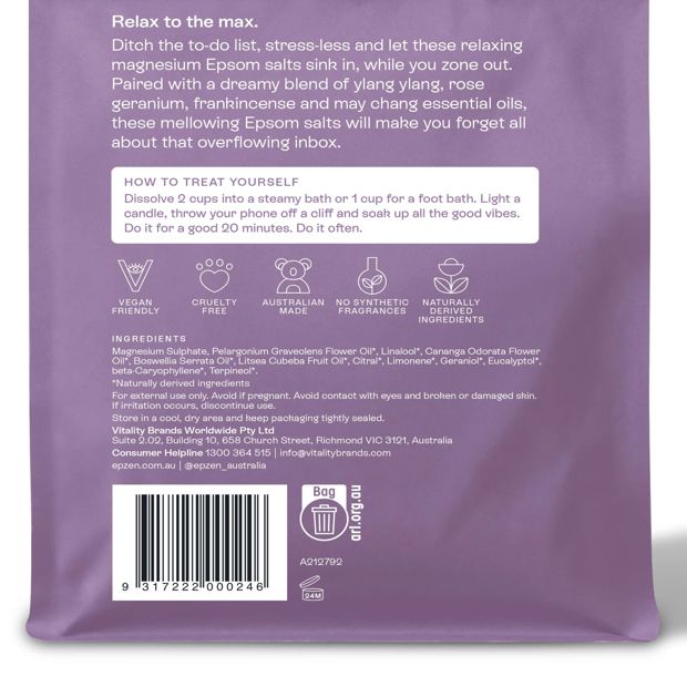 Epzen Relax Magnesium Epsom Salts 900g - Pure Essential Oils