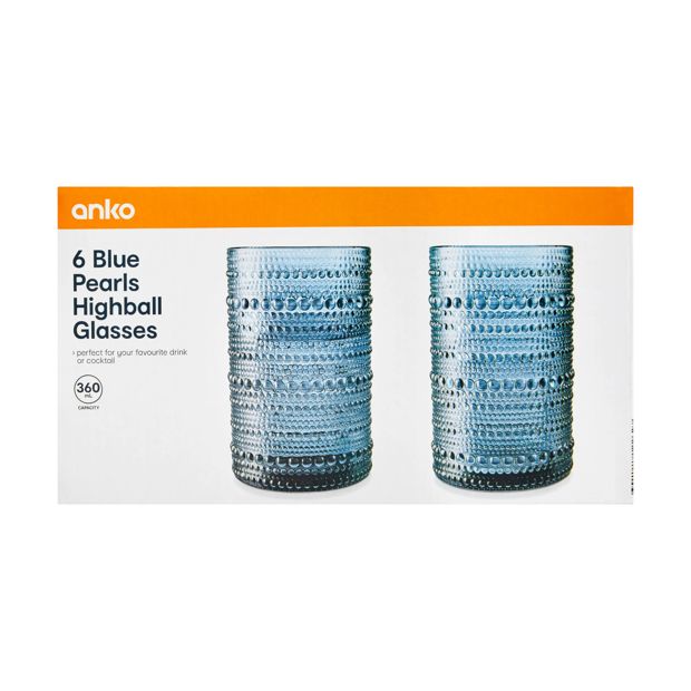 6 Blue Pearls Highball Glasses - Anko