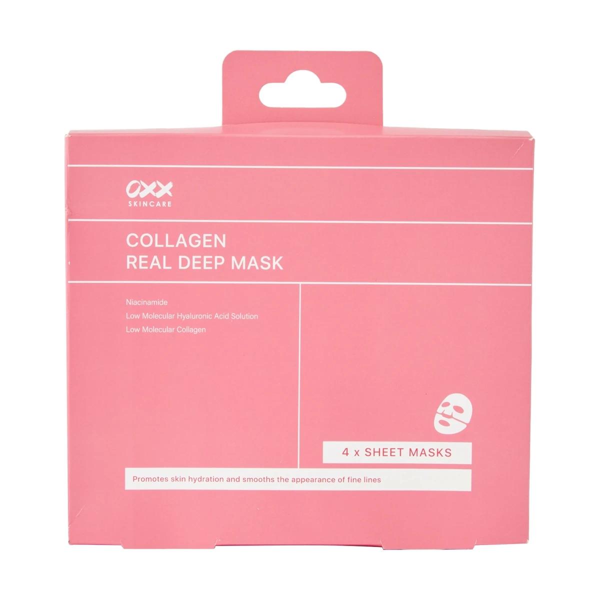 OXX Skincare 4 Pack Collagen Real Deep Mask - Niacinamide, Low Molecular Hyaluronic Acid Solution and Low Molecular Collagen