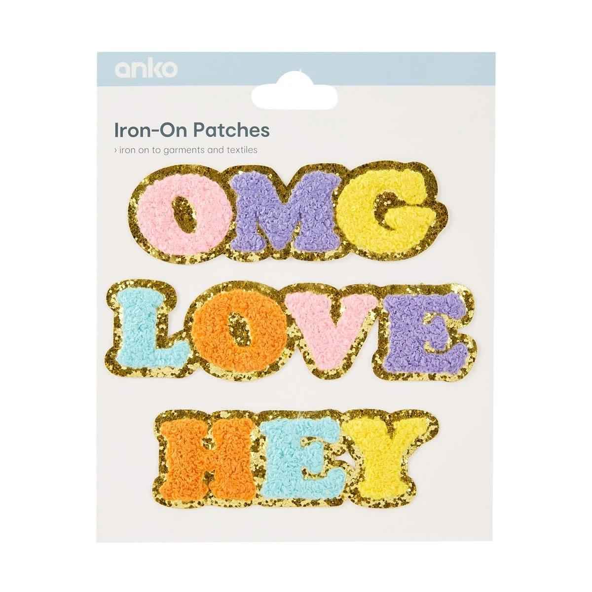 3 Piece Iron-On Patches - OMG, LOVE and HEY