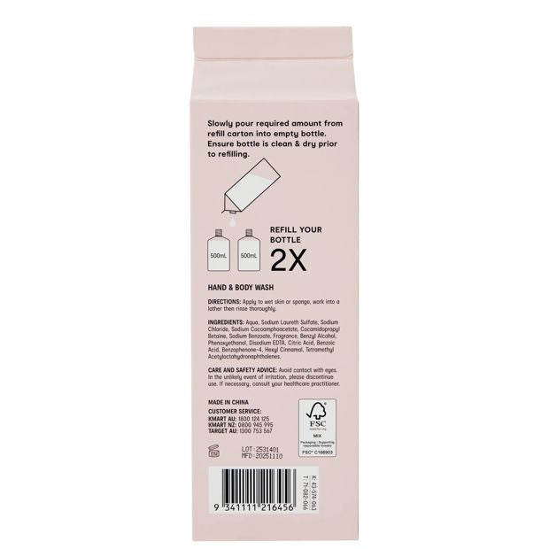 OXX Bodycare Hand and Body Wash Refill 1L - Bergamot - Rose and Geranium Scented