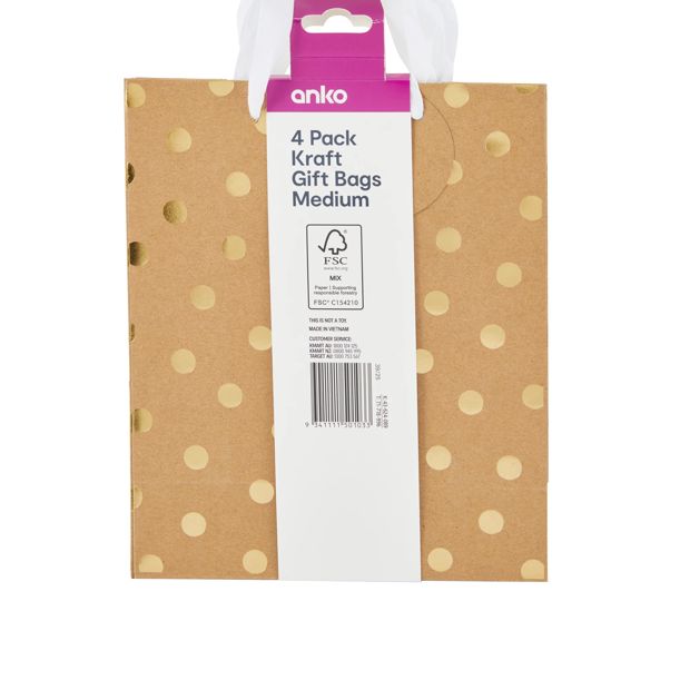 4 Pack Multi Kraft Foil Gift Bags, Medium - Anko