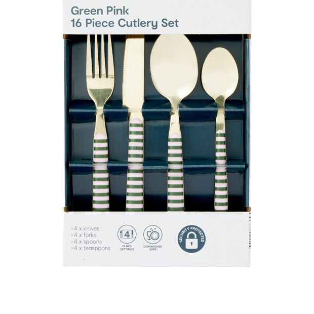 Anko 16 Piece Green and Pink Cutlery Set