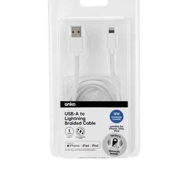 Anko USB-A to Lightning Braided Cable - 1m - White
