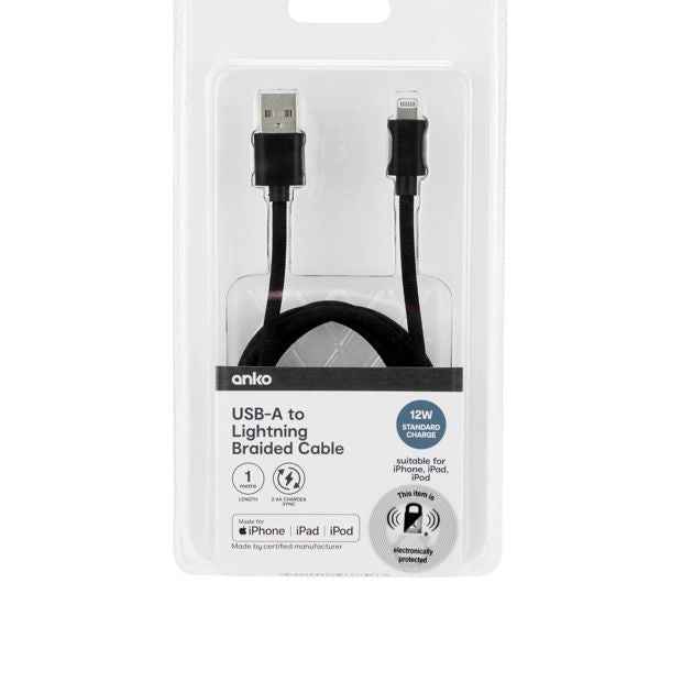 Anko USB-A to Lightning Braided Cable - 1m - Black