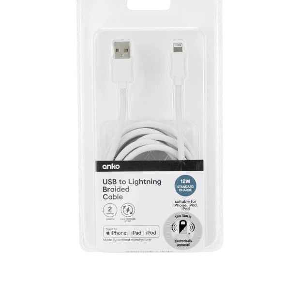 Anko USB to Lightning Braided Cable - 2m - White