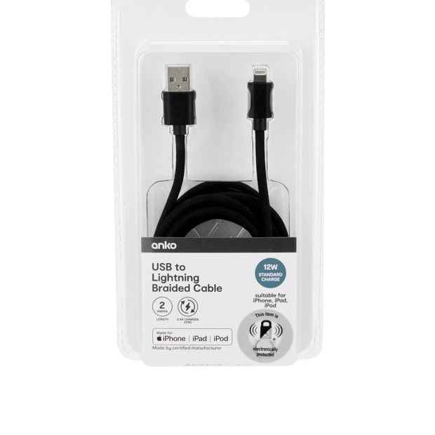 Anko USB to Lightning Braided Cable - 2m - Black