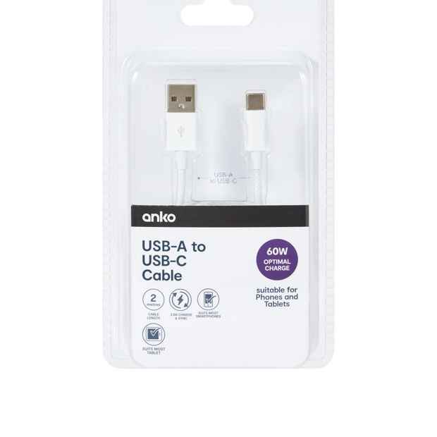 Anko 2m USB-A to USB-C 60W Braid Cable - White
