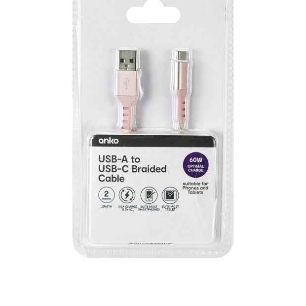 Anko USB-A to USB-C Cable - 2m - Pink
