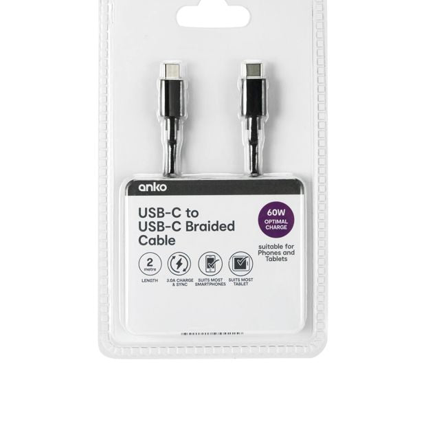 Braided USB-C to USB-C Cable, 2m, Black - Anko