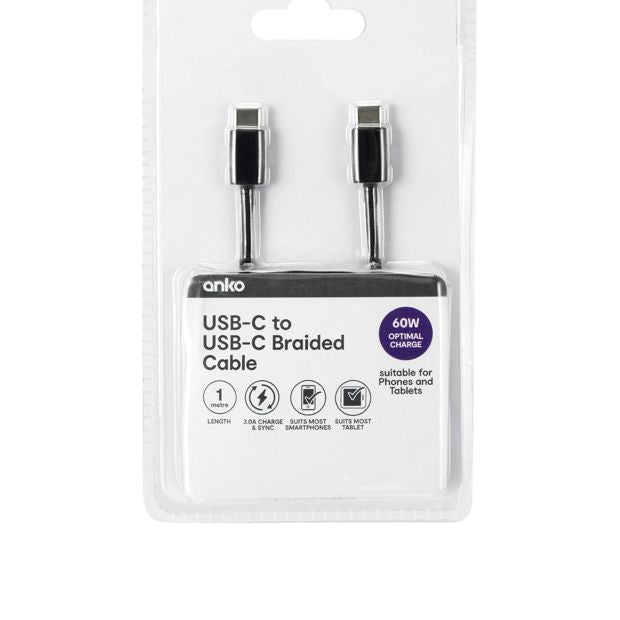 Anko USB-C to USB-C Braided Cable - 1m - Black