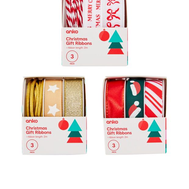 Anko 3 Pack Christmas Gift Ribbons - Assorted