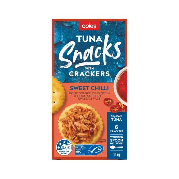 COLES TUNA SNACKS WITH CRACKERS SWEET CHILLI 112G