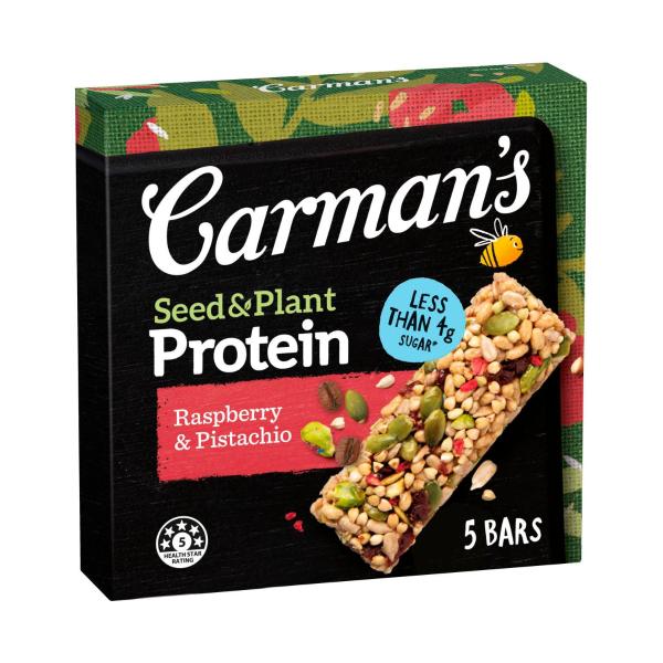 CARMANS PLANT PROTEIN BAR RASPBERRY PISTACHIO 5 PACK 150G