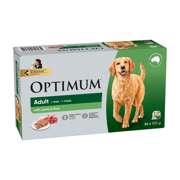 OPTIMUM ADULT WET DOG FOOD WITH LAMB & RICE 24X100G TRAYS