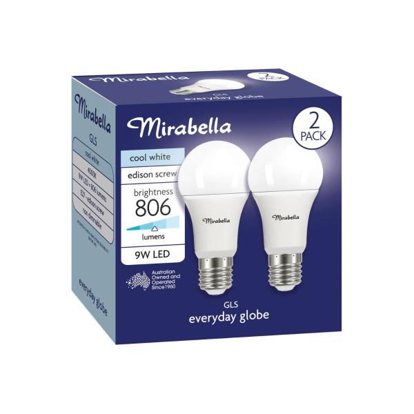 MIRABELLA LED 2PK GLS ES 9W 806LUM 4000K COOL WHITE