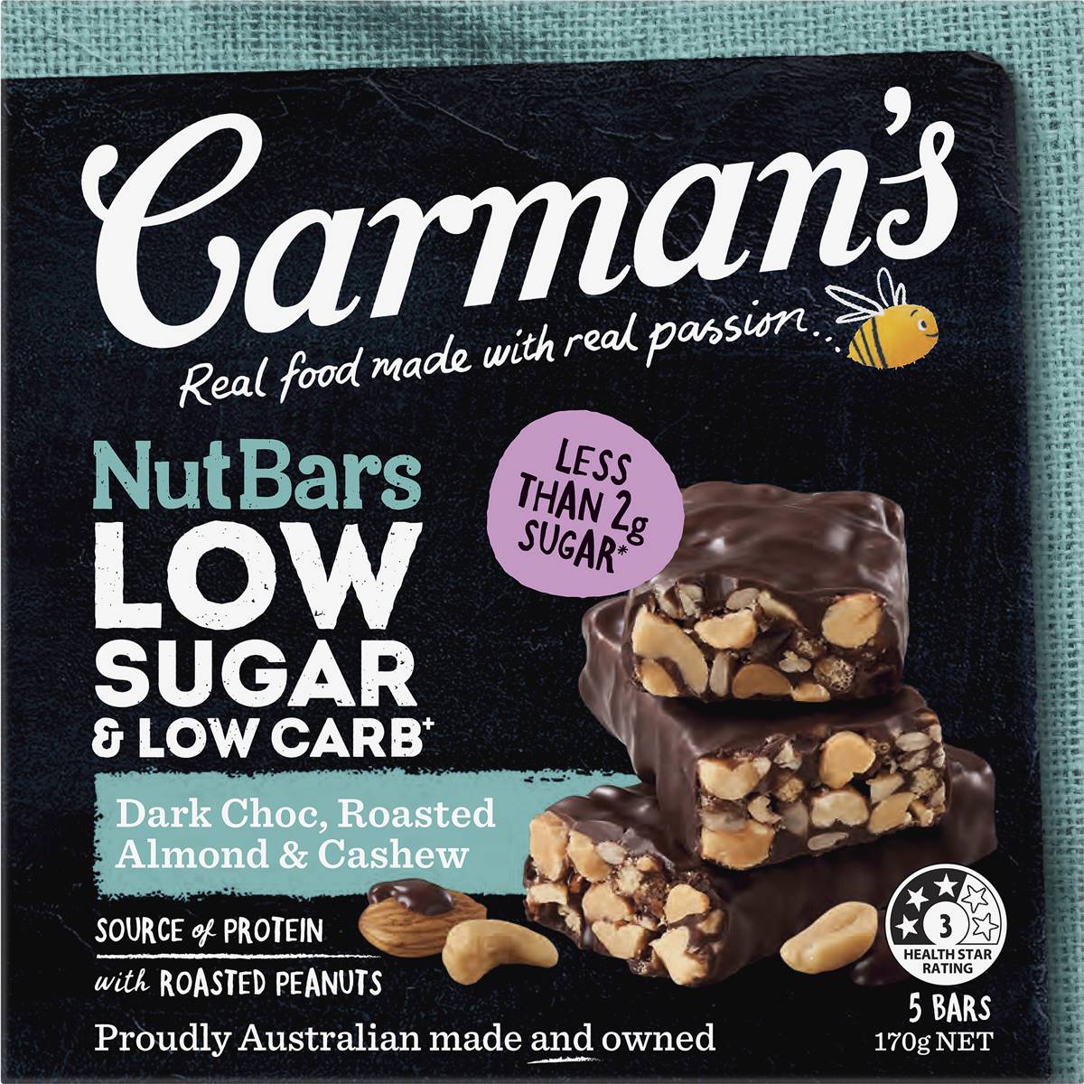 Carman's Low Sugar Low Carb Bar Dark Choc 170g