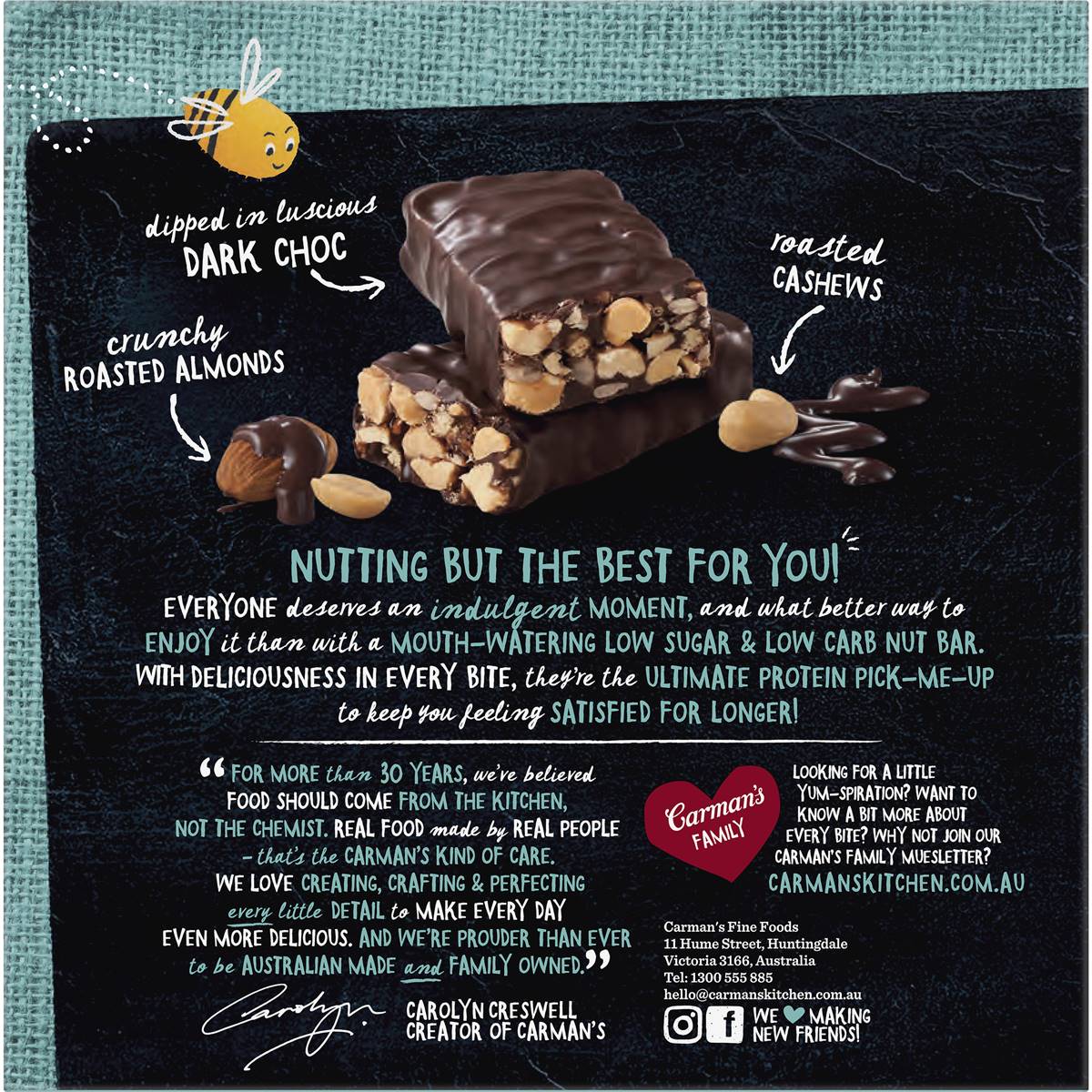 Carman's Low Sugar Low Carb Bar Dark Choc 170g