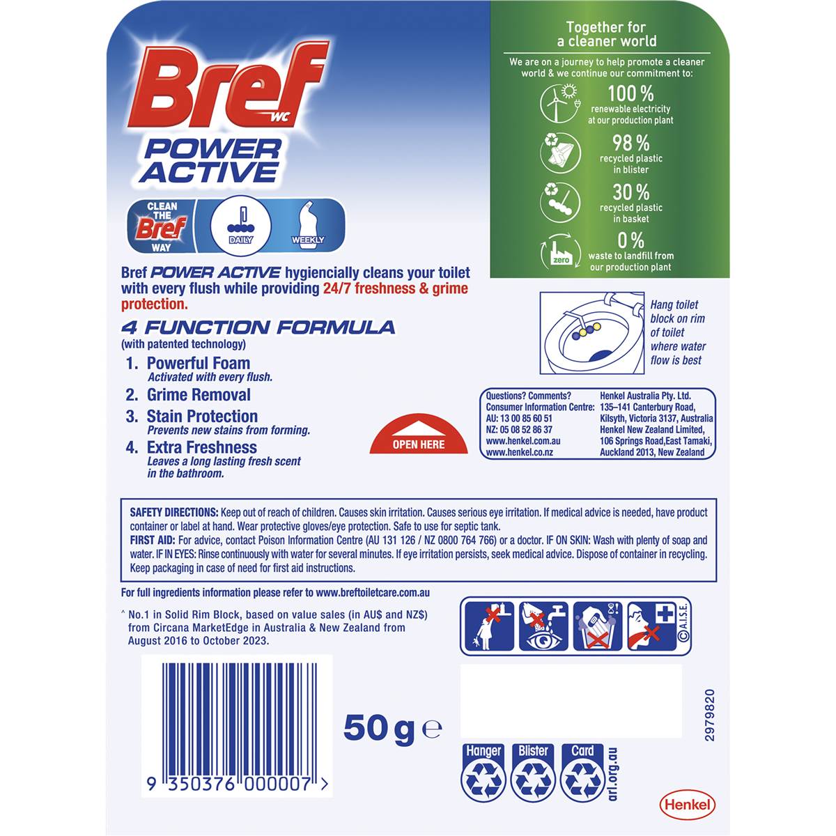 Bref Power Active Lemon Toilet Cleaner Block 50g