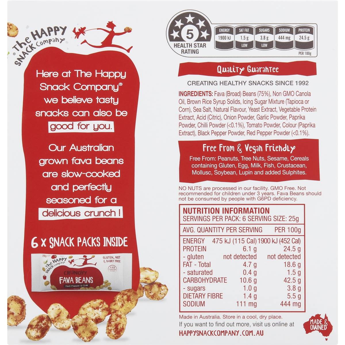 The Happy Snack Company Roasted Fava Beans Red Pepper & Chilli 6 Pack