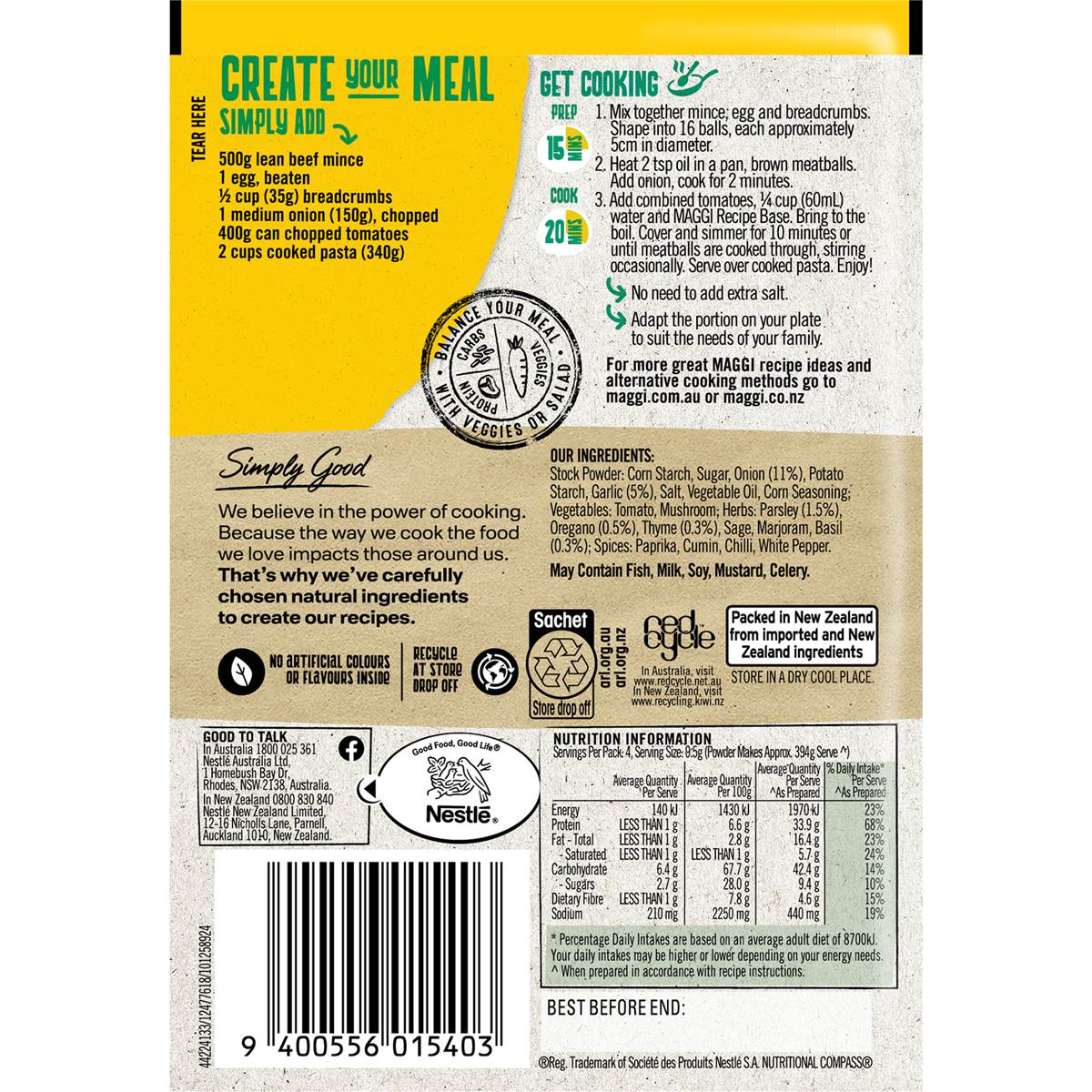 Maggi Dry Recipe Bases Italian Style Mediterranean Meatballs 38g