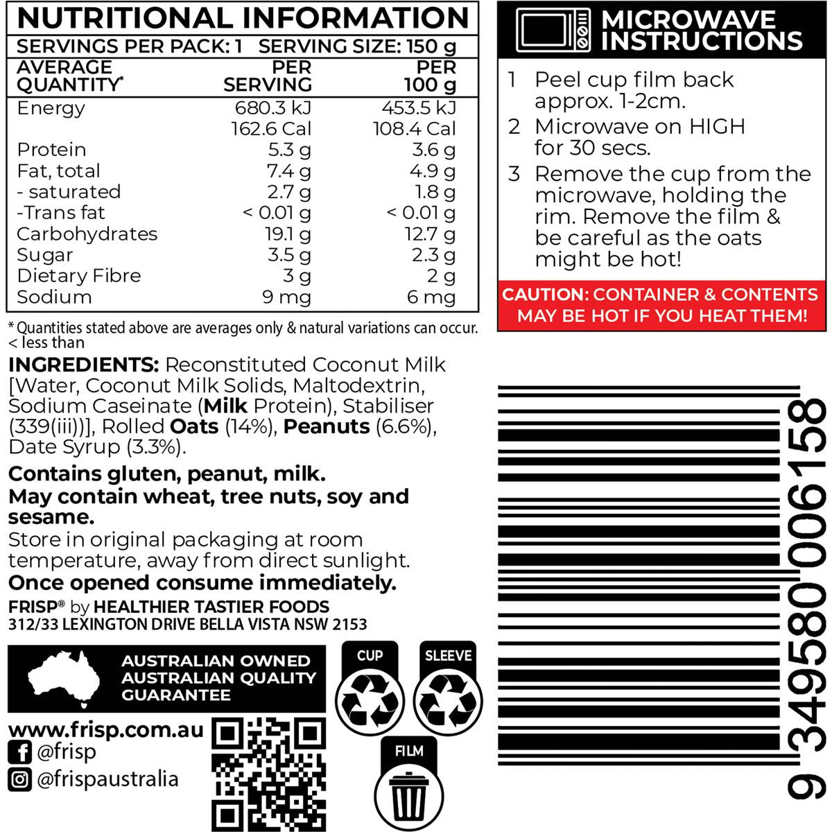 Frisp Ready to Eat Oats Peanut Butter 150g