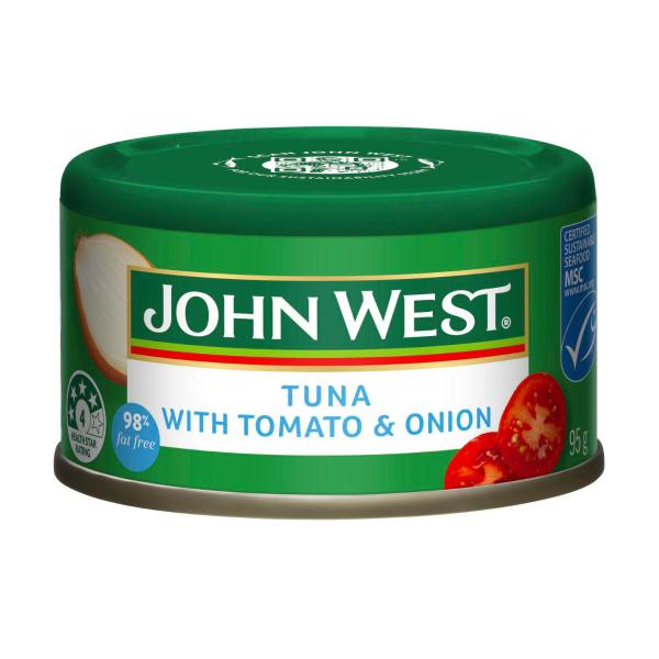 JOHN WEST TUNA TOMATO AND ONION 98% FAT FREE:95 GRAM